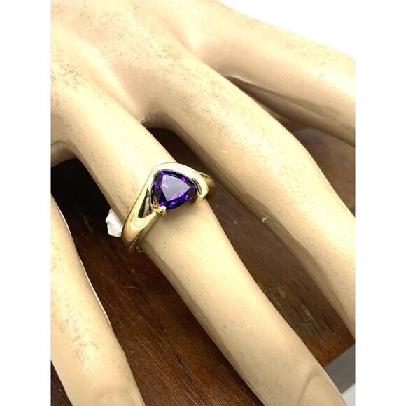 Amethyst Diamond Cocktail Ring Trillion Cut 14k Yellow Gold Estate Women… - Picture 6 of 14